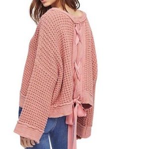 Free People Chunky Knit Dusty Rose Oversized Lace Up Crop Sweater - XS